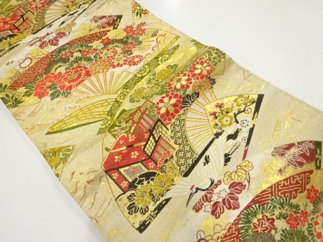 アンティーク　扇に御所車・草花模様織出し丸帯（着用可）